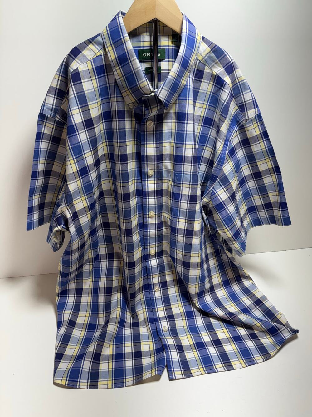 Orvis Men’s Plaid Grandpa Core Short Sleeve XL Blue Yellow Button Front Shirt